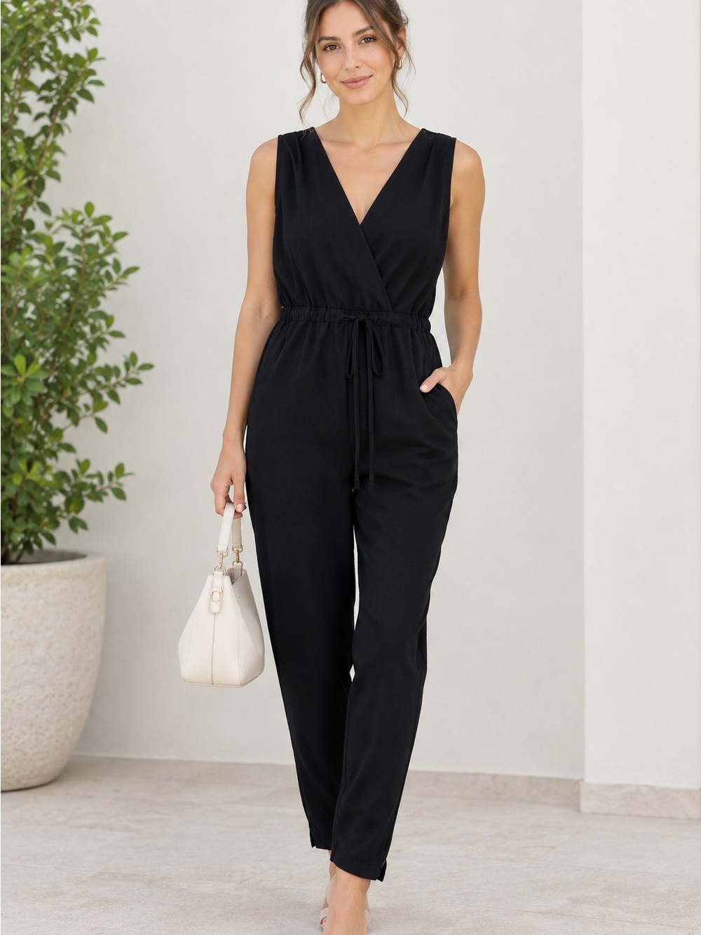 Loft Petites Women’s Sleeveless Black V-Neck Drawstring Waist Jumpsuit Size MP